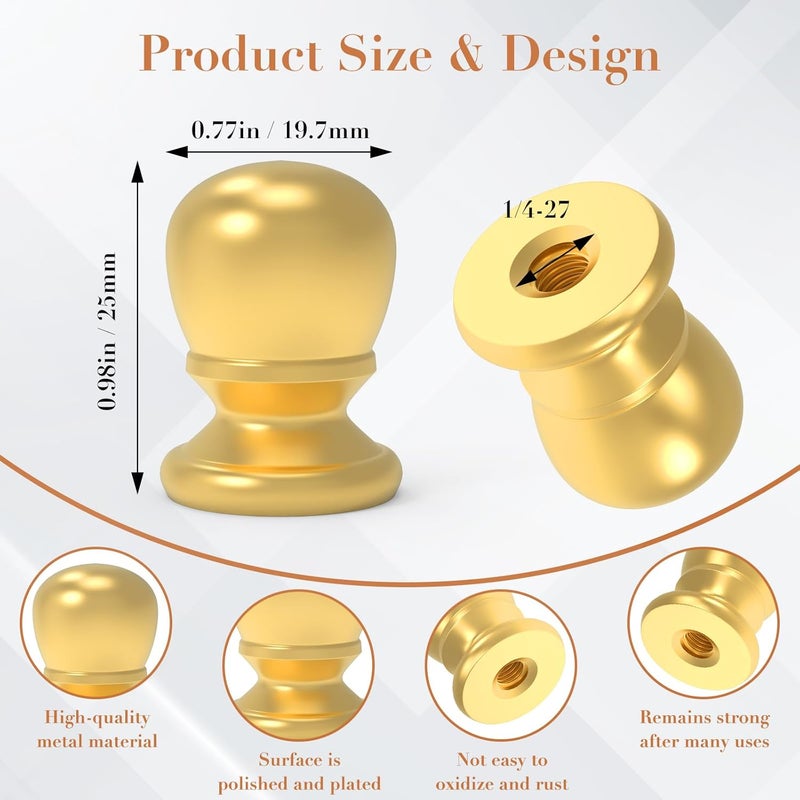 MARRTEUM 2 Pcs Ball Lamp Finial Cap Knob, 1/4-27 Inch Threaded Solid Lamp Shade Head Top Screw Finial Caps Nut Decoration for Lamp Shade, Table or Floor Lamps (Gold) - Image 2